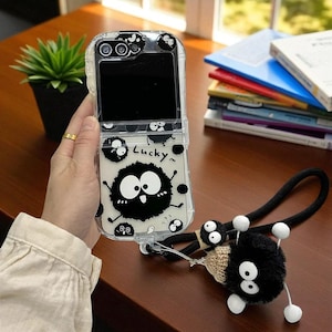 Cute Coal Ball Plush Lanyard Phone Case for Samsung Z Flip 6 5 4 3 – 3-in-1 Airbag Frame Hinge Cover