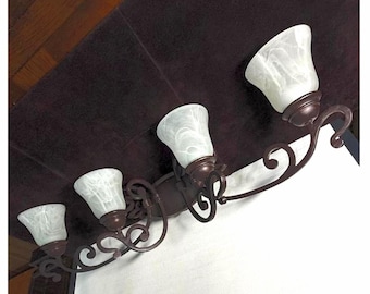 4 Light CAST IRON Vanity fixture with Swirl Glass Shade Sconces!  *BEAUTIFUL High-End Elegance! *Salvaged