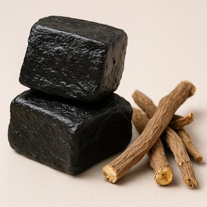 May include: Two dark, textured blocks stacked on top of each other, with a rough, uneven surface. A bundle of brown liquorice root sticks are to the right. The image is set against a neutral background, emphasizing the contrast between the dark blocks and the light roots.