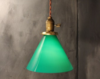 Vintage Gaming Pendant Light with Green Glass Cone Shade - Industrial Hanging Lamp