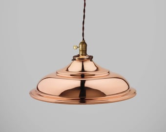 Industrial Lighting - Vintage Large Market Shade Pendant Light - Machine Age Minimalist Bare Bulb Hanging Lamp Copper Bronze Lamp