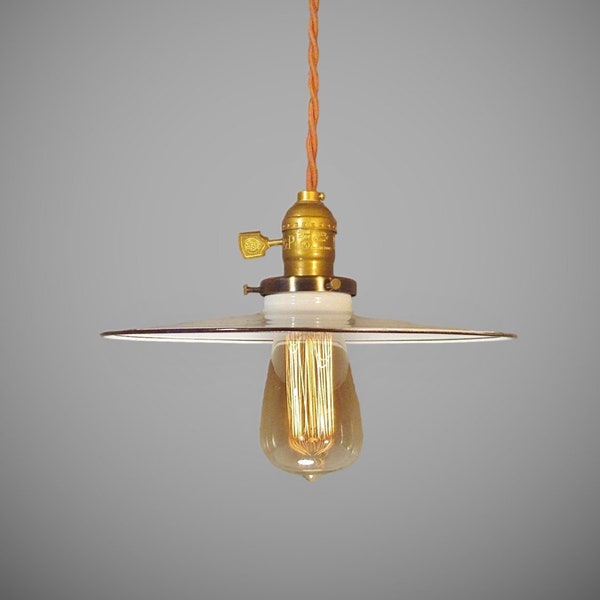 Vintage Industrial Hanging Light - Machine Age Minimalist Bare Bulb Pendant Lamp, Flat Steel Shade