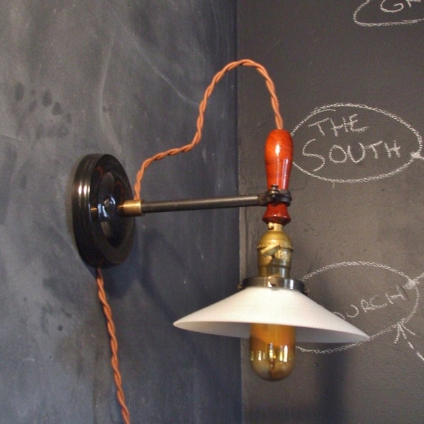Vintage Industrial Style Wall Sconce w/ White Shade - Machine Age Pendant Trouble Light