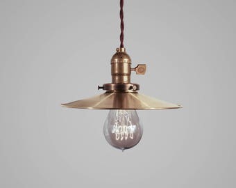 Vintage Pendant Light - Industrial Lighting - Pendant Lamp with 8" Flat Brass Shade - Steampunk - Swag - Hanging Kitchen Light Chandelier