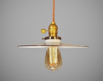 Vintage Industrial Hanging Light - Machine Age Minimalist Bare Bulb Pendant Lamp, Flat Steel Shade