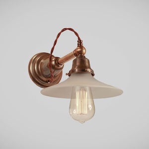 May include: An antique-style wall sconce with a frosted glass shade and exposed filament bulb. The fixture features a copper-colored arm and a round, brass-toned wall plate. A twisted brown wire adds a vintage touch.