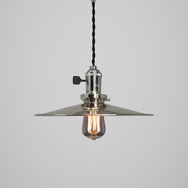 Industrial Pendant Lamp with Semi-Flat Nickel Shade - Vintage Industrial Lighting - Warehouse Kitchen Island - Factory Hanging Light