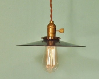 Vintage Industrial Hanging Light - Machine Age Minimalist Bare Bulb Pendant Lamp, Flat Steel Shade