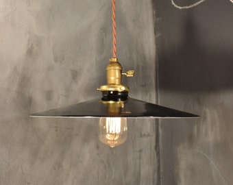 Vintage Industrial Pendant Light with Flat Steel Shade - Large Size 14" Diam.