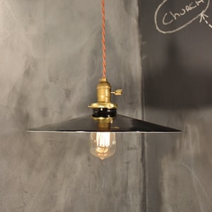 Vintage Industrial Pendant Light with Flat Steel Shade - Large Size 14" Diam.