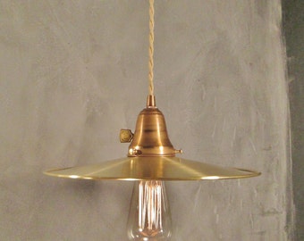 Vintage Industrial Hanging Light with Flat Brass Shade - Machine Age Minimalist Bare Bulb Pendant Lamp