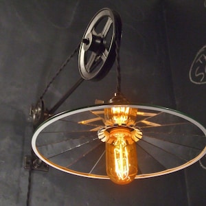Vintage Industrial Pulley Sconce Mirrored SHADE Wall Mount Light Machine Age Trouble Lamp Sconce image 3