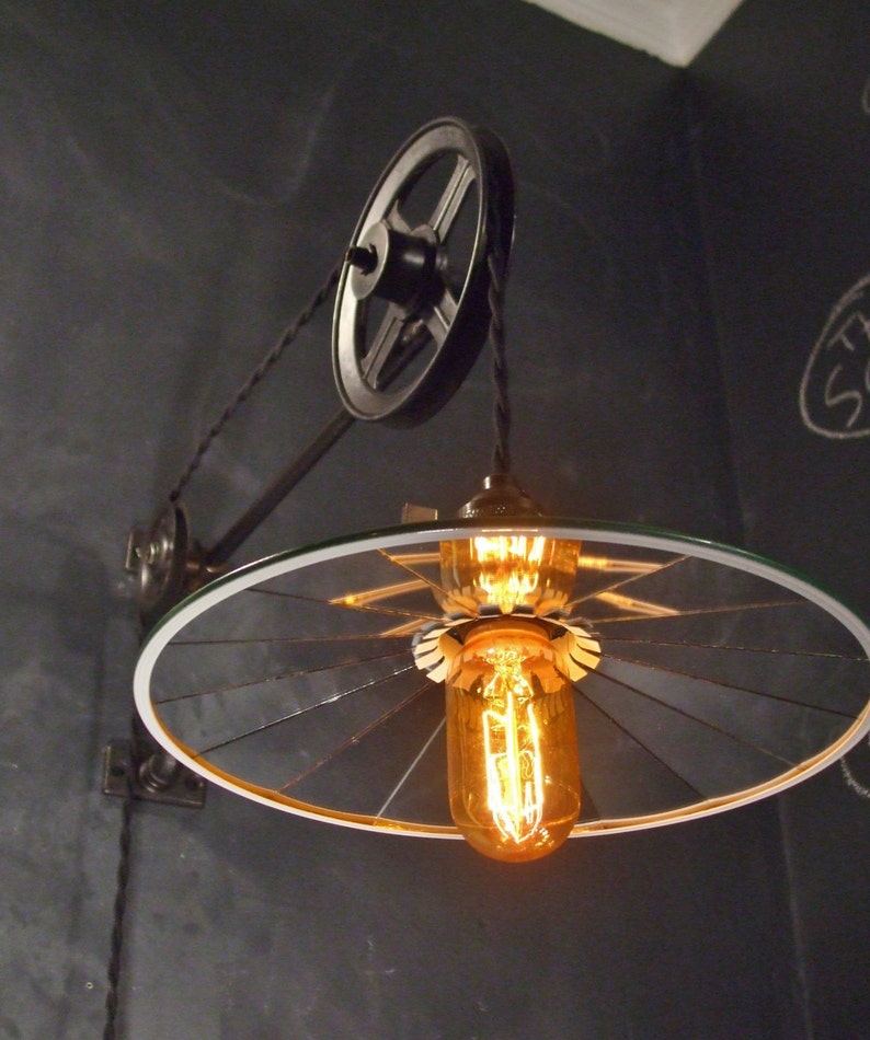 Vintage Industrial Pulley Sconce Mirrored SHADE Wall Mount Light Machine Age Trouble Lamp Sconce image 3