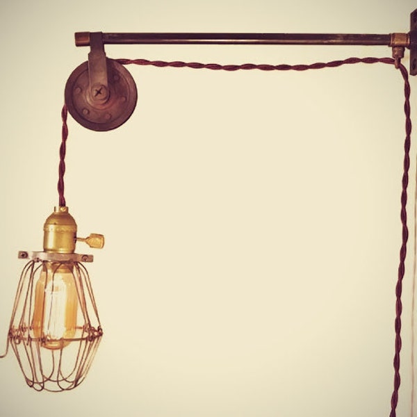 Vintage Industrial Pulley Sconce - Wall Mount Cage Lamp, Pendant Light - Machine Age Trouble Lamp