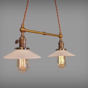 Twin Pendant Lamp w/ Glass Shades - Vintage Industrial Ceiling Fixture - Chandelier - Hanging Light - Swag - Retro - Pharmacy Steampunk