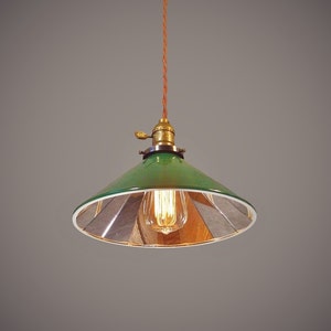 Vintage Industrial Pendant Lamp w/ Mirrored Cone Shade - Machine Age Minimalist Hanging Light, Enameled Steel Shade