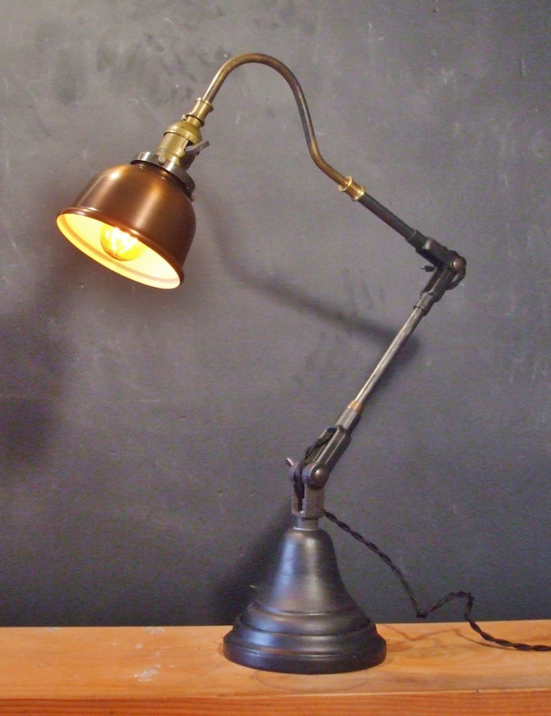 Vintage Industrial Desk Lamp w/ Copper Shade Machine Age Task Light Cast Iron Steampunk image 2