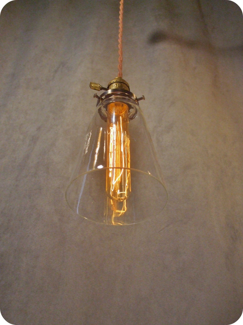 Vintage Industrial Steel Tubular Glass Pendant Light Machine Age Minimalist Bare Bulb Hanging Lamp, Flat Steel Shade image 3