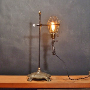 Custom Vintage Industrial Trouble Light with Lab Stand - Cage Pendant Light, Laboratory Apothecary Table Lamp