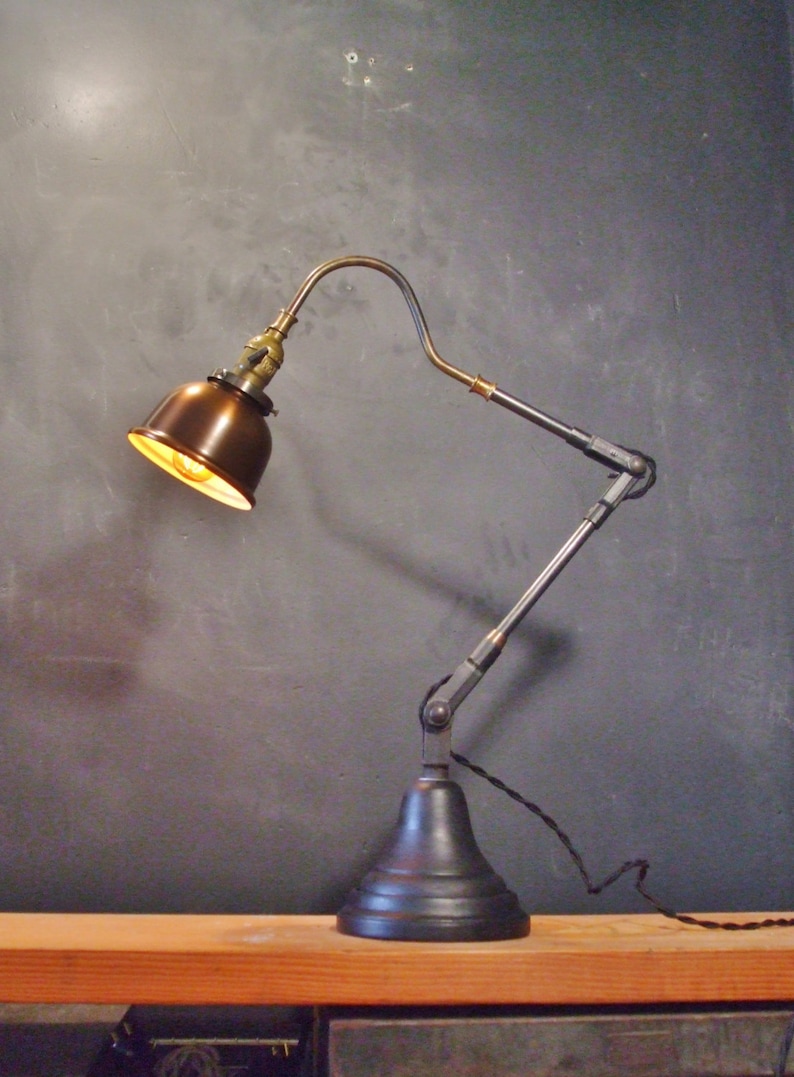 Vintage Industrial Desk Lamp w/ Copper Shade Machine Age Task Light Cast Iron Steampunk image 1