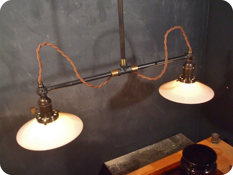 Vintage Industrial Double Shade Ceiling Light - Industrial Chandelier - Cafe Lighting - Industrial Lighting - Steampunk Pool Table Drafting image 4