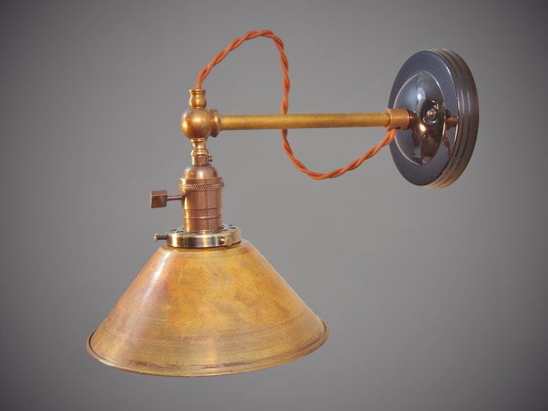 Industrial Lamp - Vintage Wall Light - Steampunk Lamp - Industrial Sconce - Brass Cone Shade - Industrial Lighting - Cafe Light image 4
