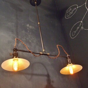 May include: Two vintage-style pendant lights with white shades and exposed bulbs hanging from a black metal rod. The lights are suspended from a ceiling with exposed wiring. The background is a black chalkboard with white chalk drawings.