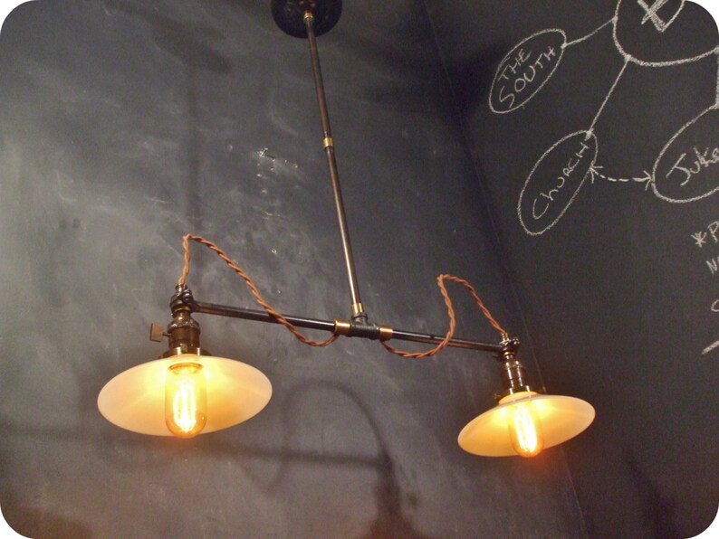 May include: Two vintage-style pendant lights with white shades and exposed bulbs hanging from a black metal rod. The lights are suspended from a ceiling with exposed wiring. The background is a black chalkboard with white chalk drawings.