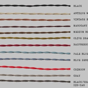 May include: A variety of colors of twisted electrical cord, including black, antique white, vintage brown, mahogany brown, medium brown, olive drab, raspberry, pale blue, blue denim, crimson, gray, and black/gray zig-zag.