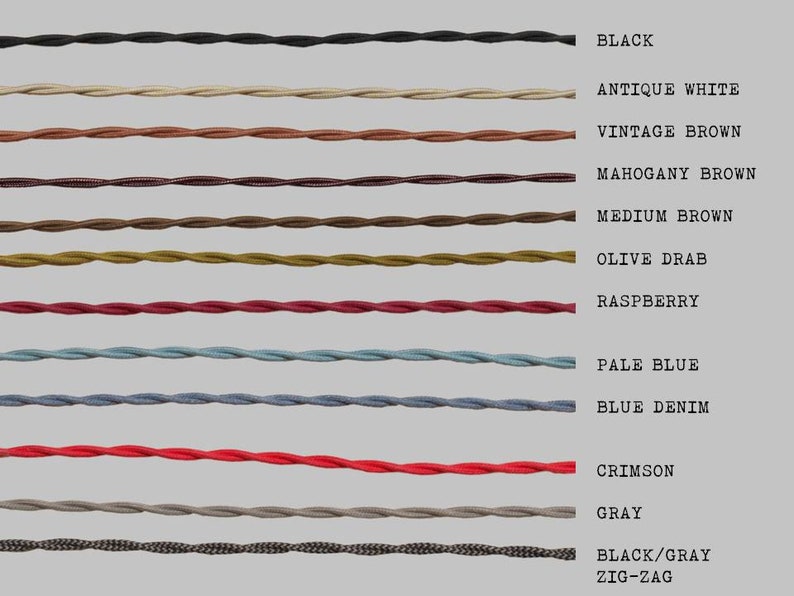 May include: A variety of colors of twisted electrical cord, including black, antique white, vintage brown, mahogany brown, medium brown, olive drab, raspberry, pale blue, blue denim, crimson, gray, and black/gray zig-zag.