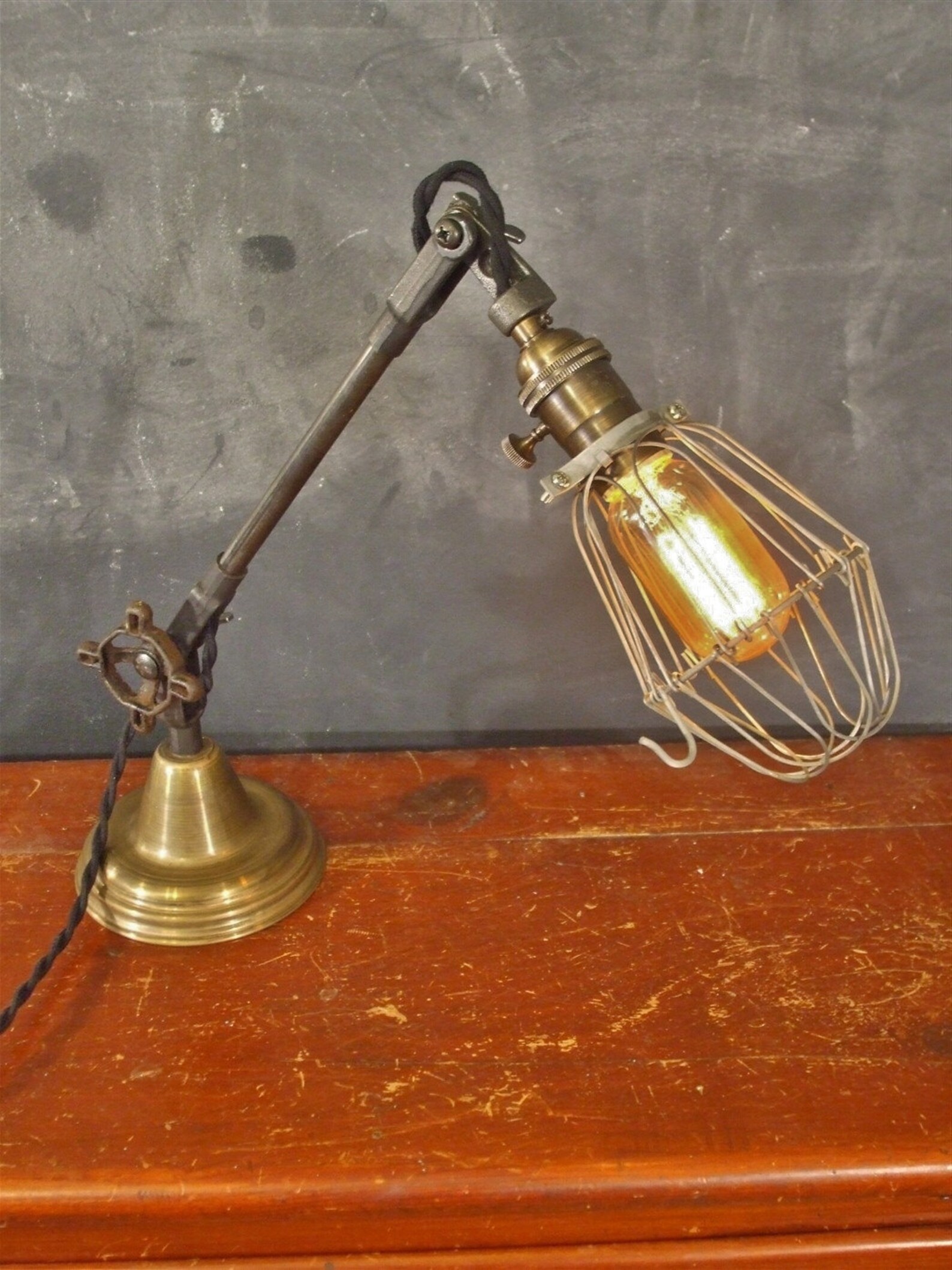 Vintage Industrial Desk Lamp Machine Age Task Cage Light Cast Iron