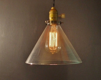 Vintage Industrial Hanging Light with Glass Cone Shade - Machine Age Minimalist Bare Bulb Pendant Lamp