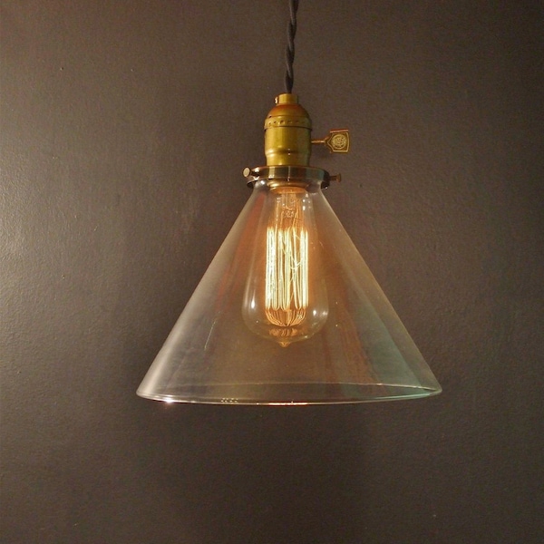 Vintage Industrial Hanging Light with Glass Cone Shade - Machine Age Minimalist Bare Bulb Pendant Lamp