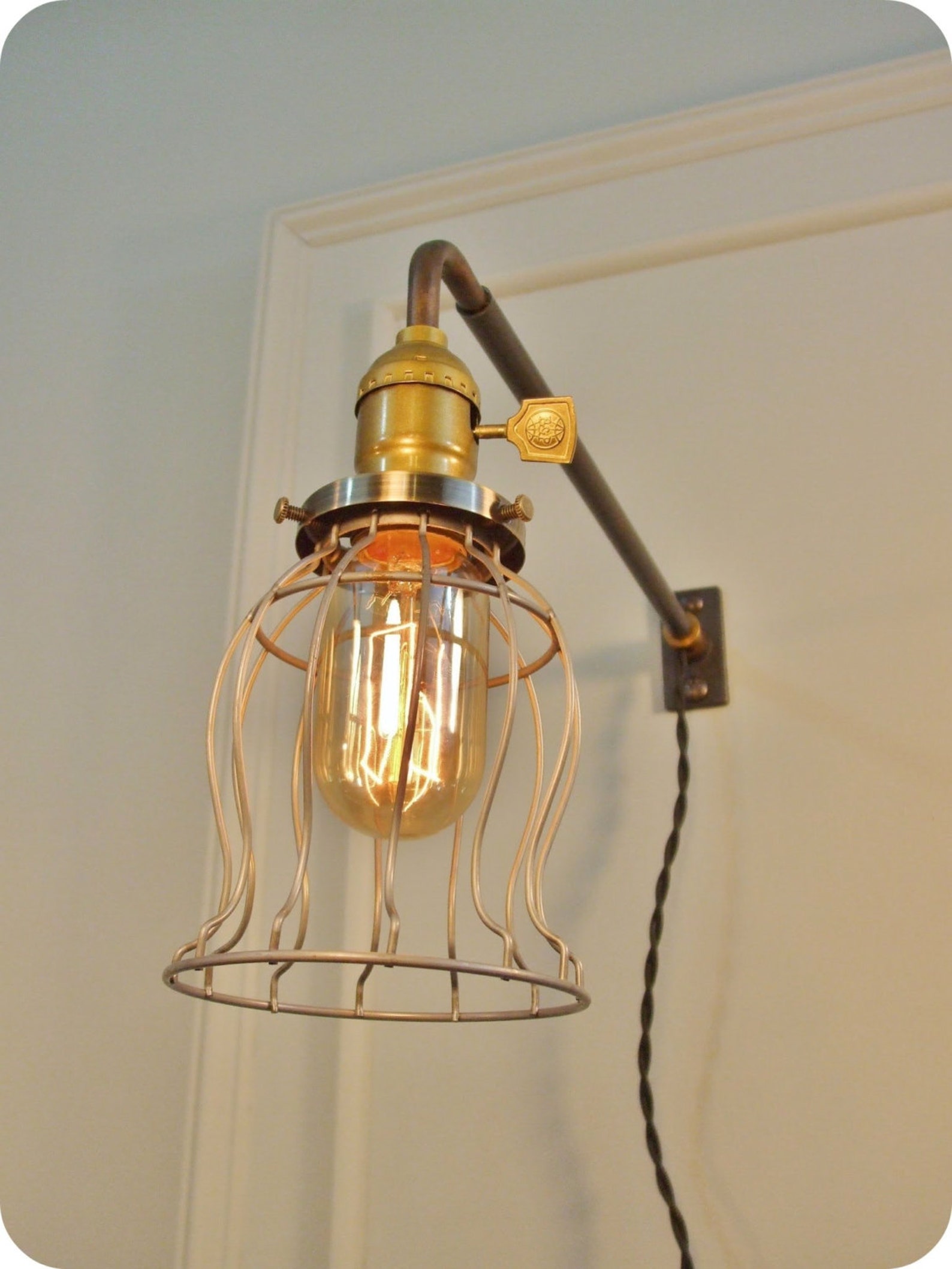Pair Of Vintage Industrial Cage Wall Sconces - Antique Brass Finish, Rusty Color, Warm White Light