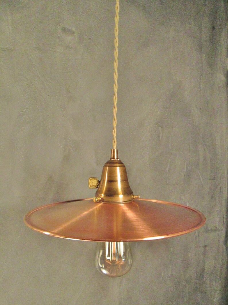 Industrie Beleuchtung VIntage Hängeleuchte mit Flachen Kupferschirm Maschinenalter Minimalistische Bare Bulb Pendellampe Steampunk Hängender Swag Bild 4