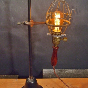 Vintage Industrial Desk Lamp - Trouble Light with Lab Stand - Cage Pendant Lamp - Laboratory - Pharmacy - Apothecary - Industrial Lighting