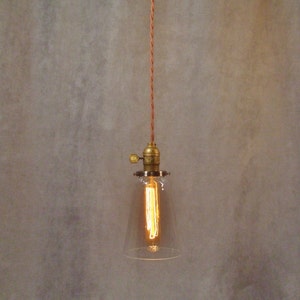 Vintage Industrial Steel Tubular Glass Pendant Light Machine Age Minimalist Bare Bulb Hanging Lamp, Flat Steel Shade image 1