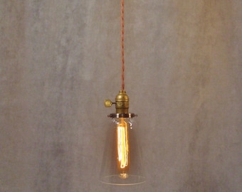 Vintage Industrial Steel Tubular Glass Pendant Light - Machine Age Minimalist Bare Bulb Hanging Lamp, Flat Steel Shade