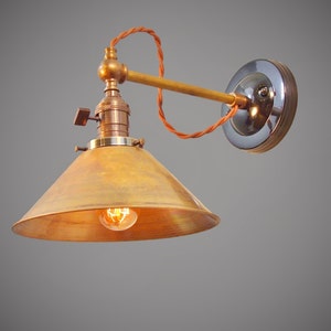 Industrial Lamp - Vintage Wall Light - Steampunk Lamp - Industrial Sconce - Brass Cone Shade - Industrial Lighting - Cafe Light image 1