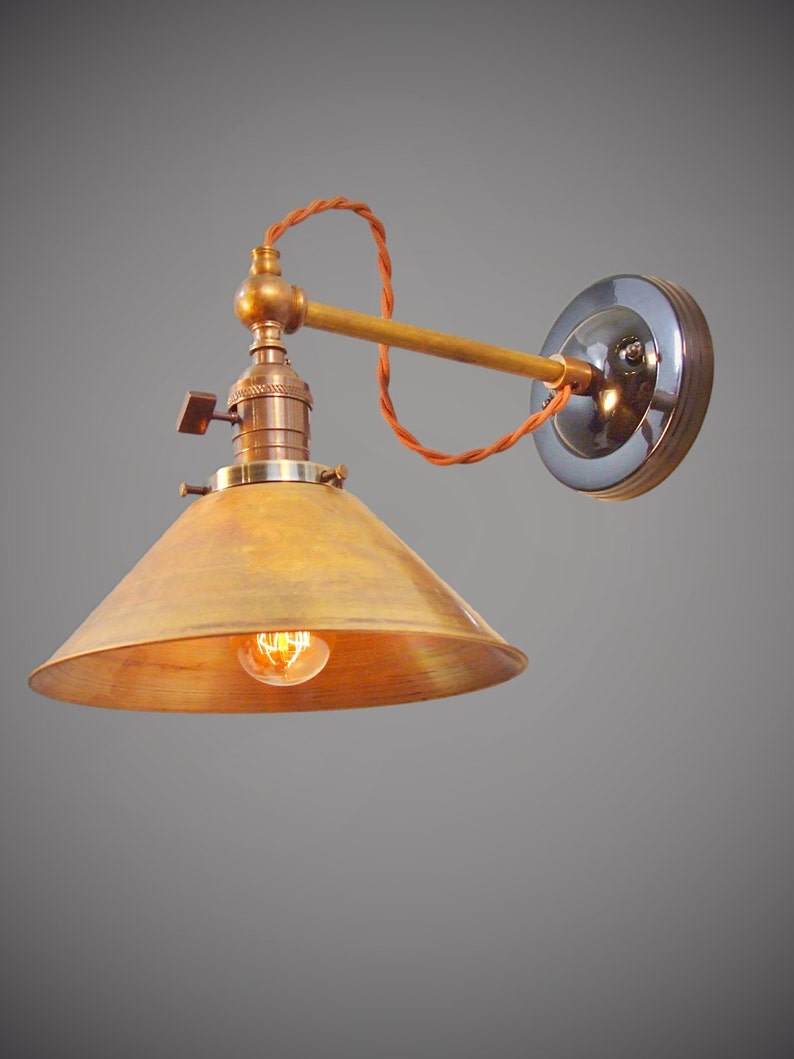 Industrial Lamp - Vintage Wall Light - Steampunk Lamp - Industrial Sconce - Brass Cone Shade - Industrial Lighting - Cafe Light image 1