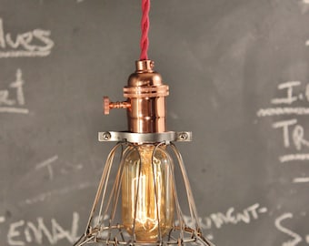 Industrial Lighting - Vintage Pendant Lamp w/ Bulb Cage - Minimalist Pendant Light - Copper Steel Antique Cord - Retro Swag Hanging Light