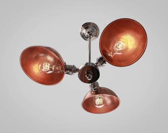 Vintage Industrial Triple Light Chandelier - Art Deco Ceiling Light - Cafe - Steampunk Pool Table Drafting Lamp