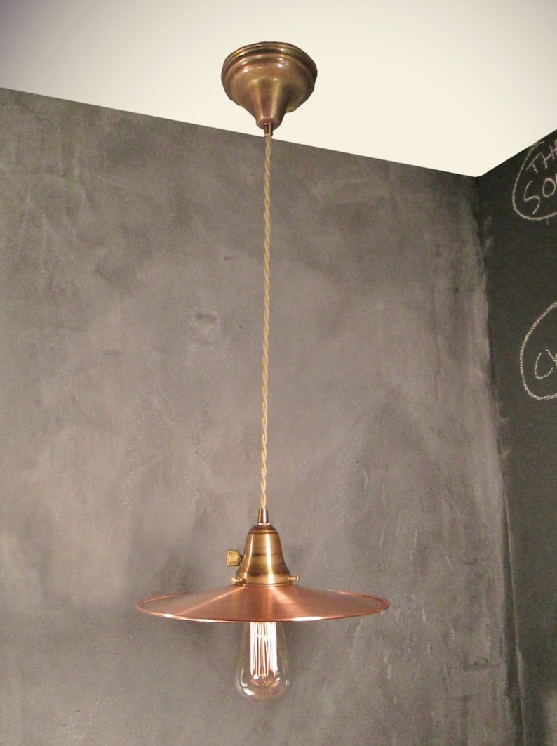 Industrie Beleuchtung VIntage Hängeleuchte mit Flachen Kupferschirm Maschinenalter Minimalistische Bare Bulb Pendellampe Steampunk Hängender Swag Bild 5