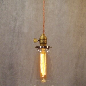Vintage Industrial Steel Tubular Glass Pendant Light Machine Age Minimalist Bare Bulb Hanging Lamp, Flat Steel Shade image 2