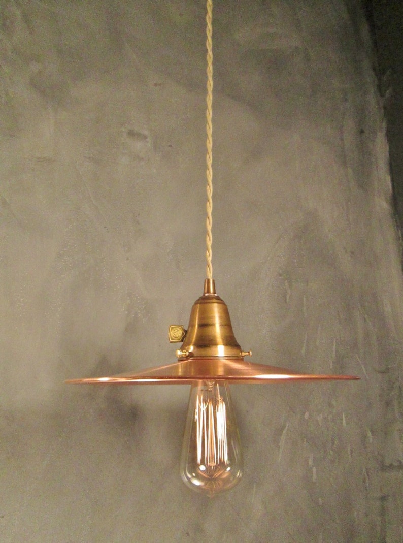 Industrie Beleuchtung VIntage Hängeleuchte mit Flachen Kupferschirm Maschinenalter Minimalistische Bare Bulb Pendellampe Steampunk Hängender Swag Bild 1