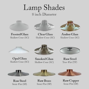 May include: A grid of nine lamp shades with an 8 inch diameter. The collection includes frosted, clear, and amber glass shallow cones, opal and smoked glass shallow cones, a raw steel true-flat shade, and raw steel, brass, and copper semi-flat shades.