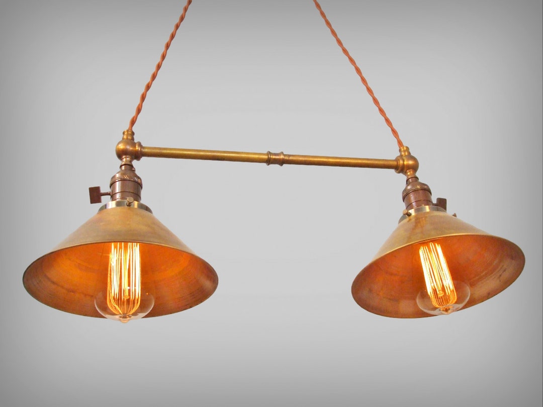Twin Pendant Lamp W/ Brass Cone Shades - Vintage Industrial Ceiling ...