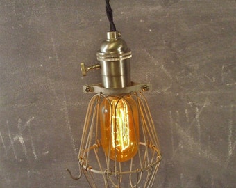 Industrial Lighting - Vintage Pendant Lamp w/ Bulb Cage - Minimalist Pendant Light - Antique Cloth Cord - Retro Swag Victorian Hanging Light