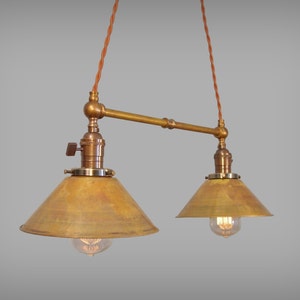 Twin Pendant Lamp W/ Brass Cone Shades - Vintage Industrial Ceiling ...
