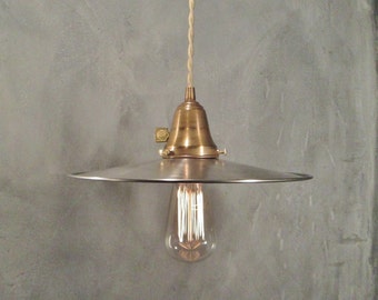 Vintage Industrial Hanging Light with Flat Steel Shade - Machine Age Minimalist Bare Bulb Pendant Lamp